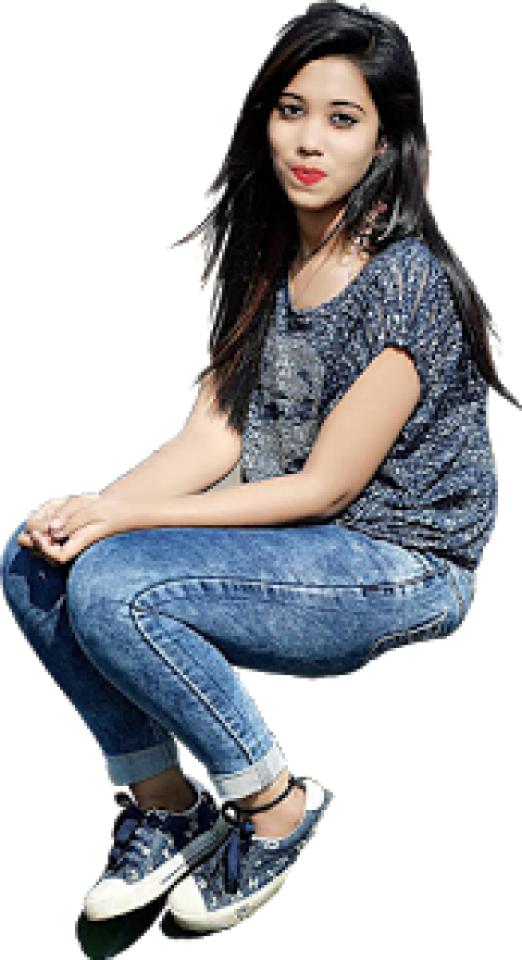 Sitting girl blue pant shirt red lipstick free png
