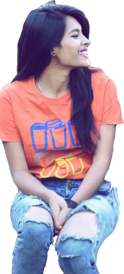 Sitting girl with smile orange shirt blue jeans free png
