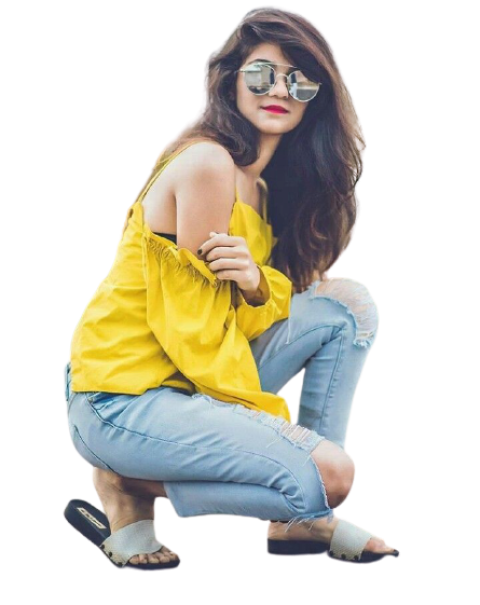 Stylish sitting model girl yellow shirt blue jeans free png