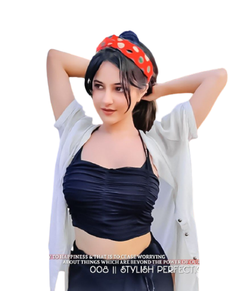Beautiful hot girl black blouse and open button shirt with pony tale free png