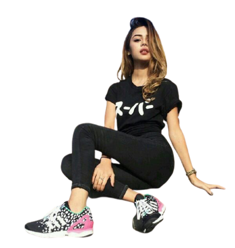 Sitting model girl with joggers black pant shirt free png