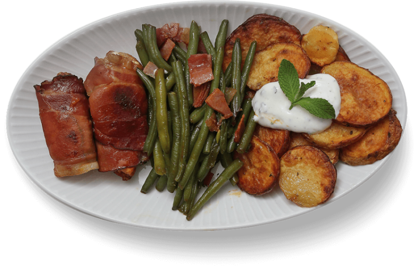 Ham Rolls With Fired Potatoes And Redish Podes In White Tray,Enjoy With Yogurt And Mint Leaf, HD Photo Free Download PNG Image,Transparent Background