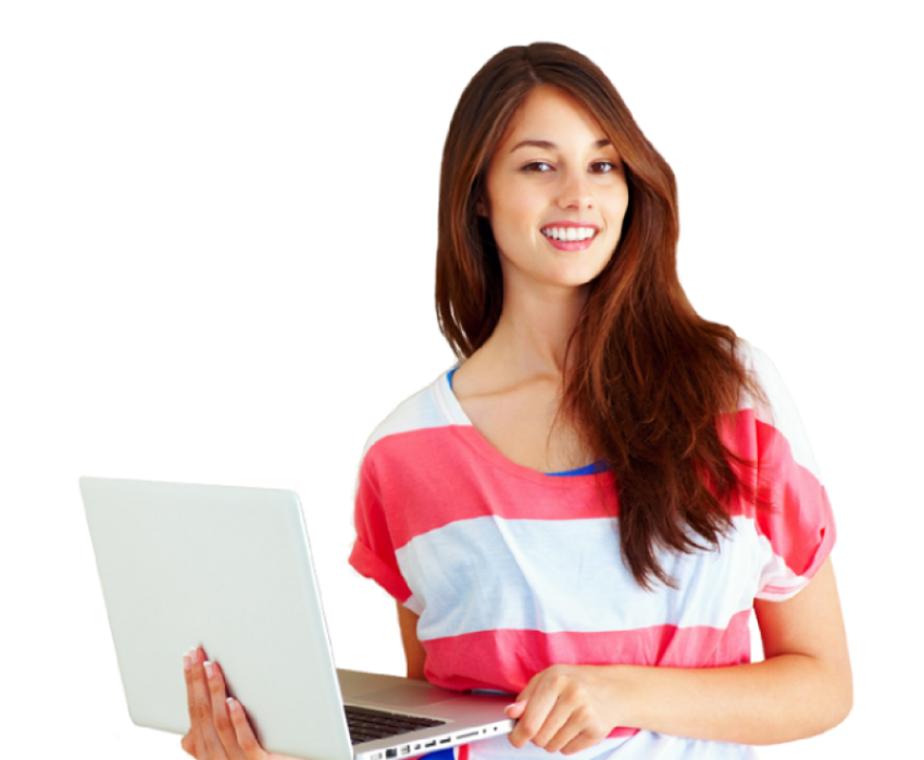 Beautiful girl hold white laptop,pink and white shirt
